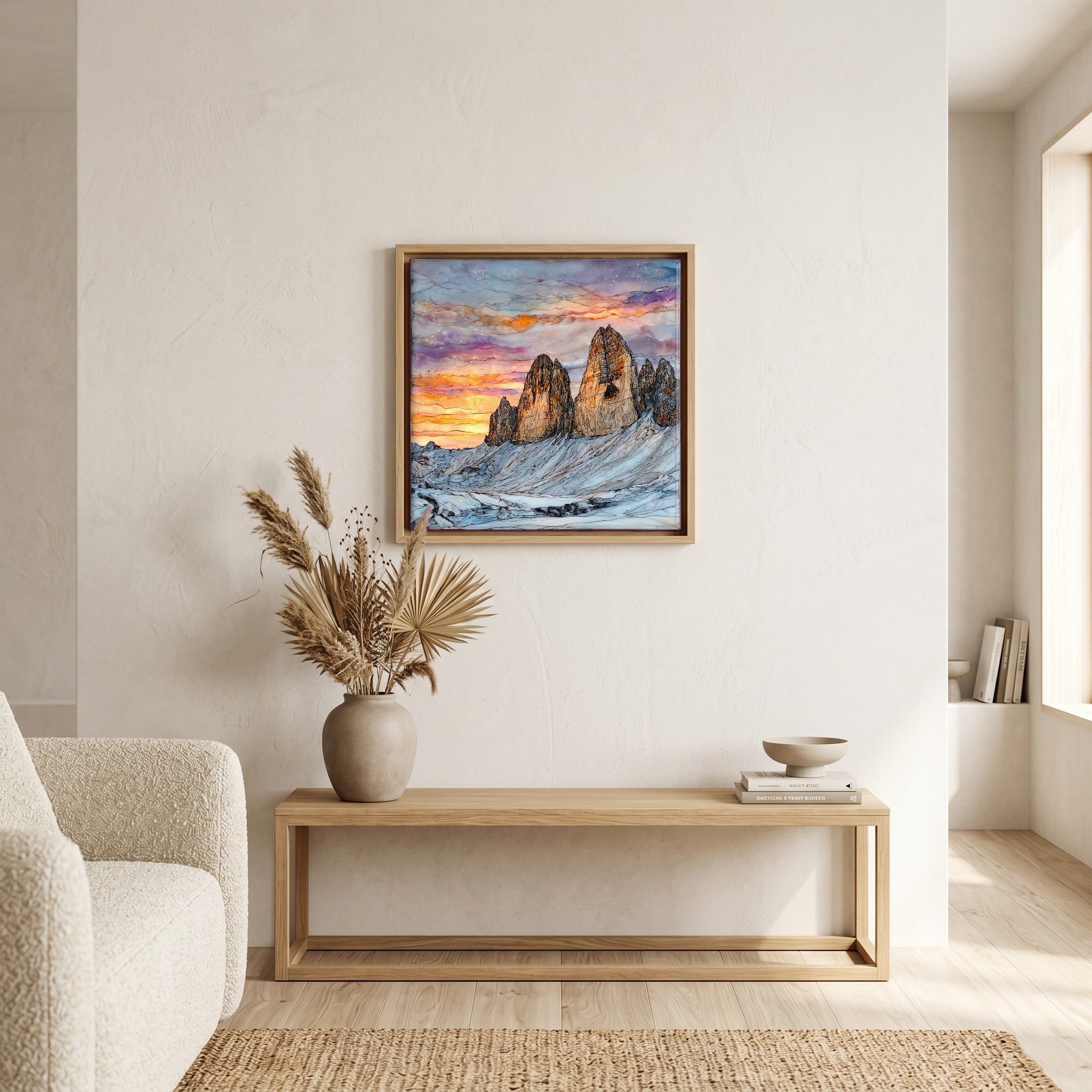 Above the bench, in a warm oak surround.
