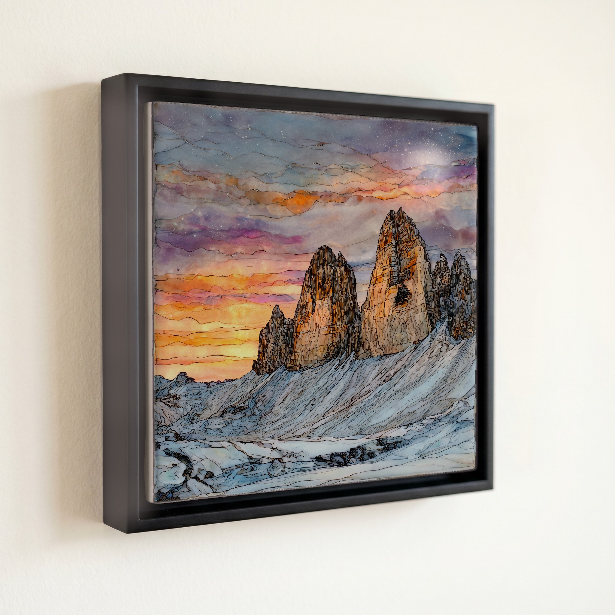 shown in a slim black floating frame · 6 × 6 in