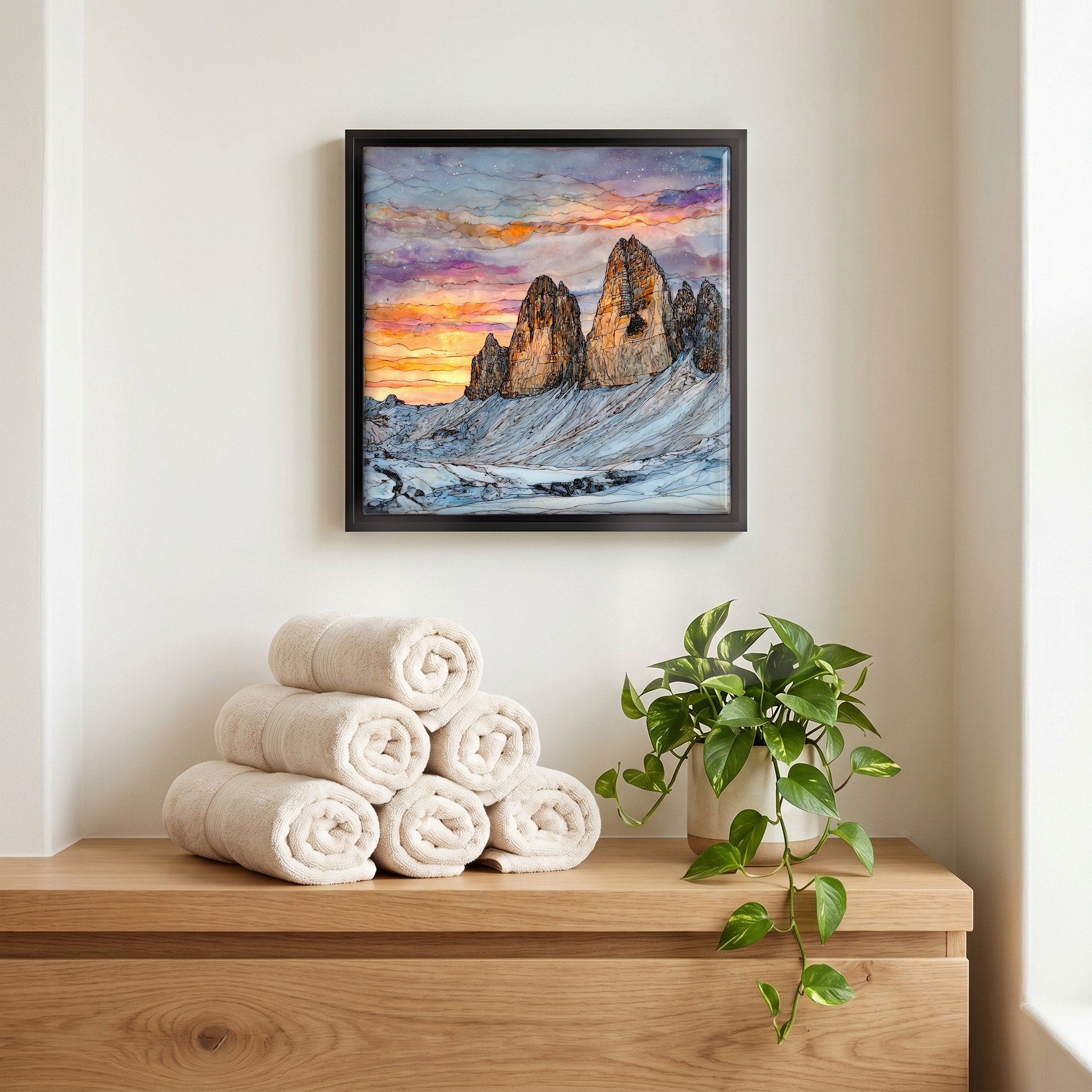 Above the linens, in a slim black surround.