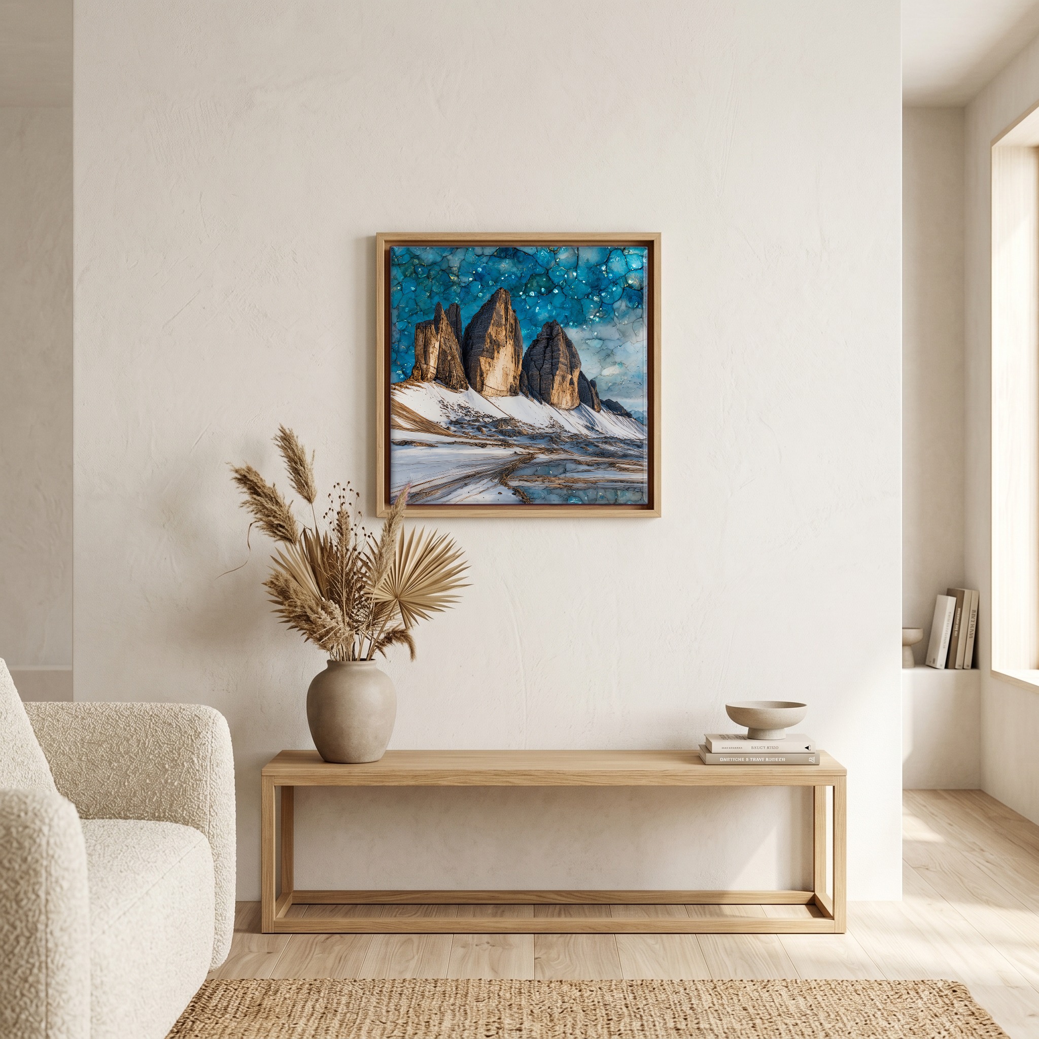 Above the bench, in a warm oak surround.