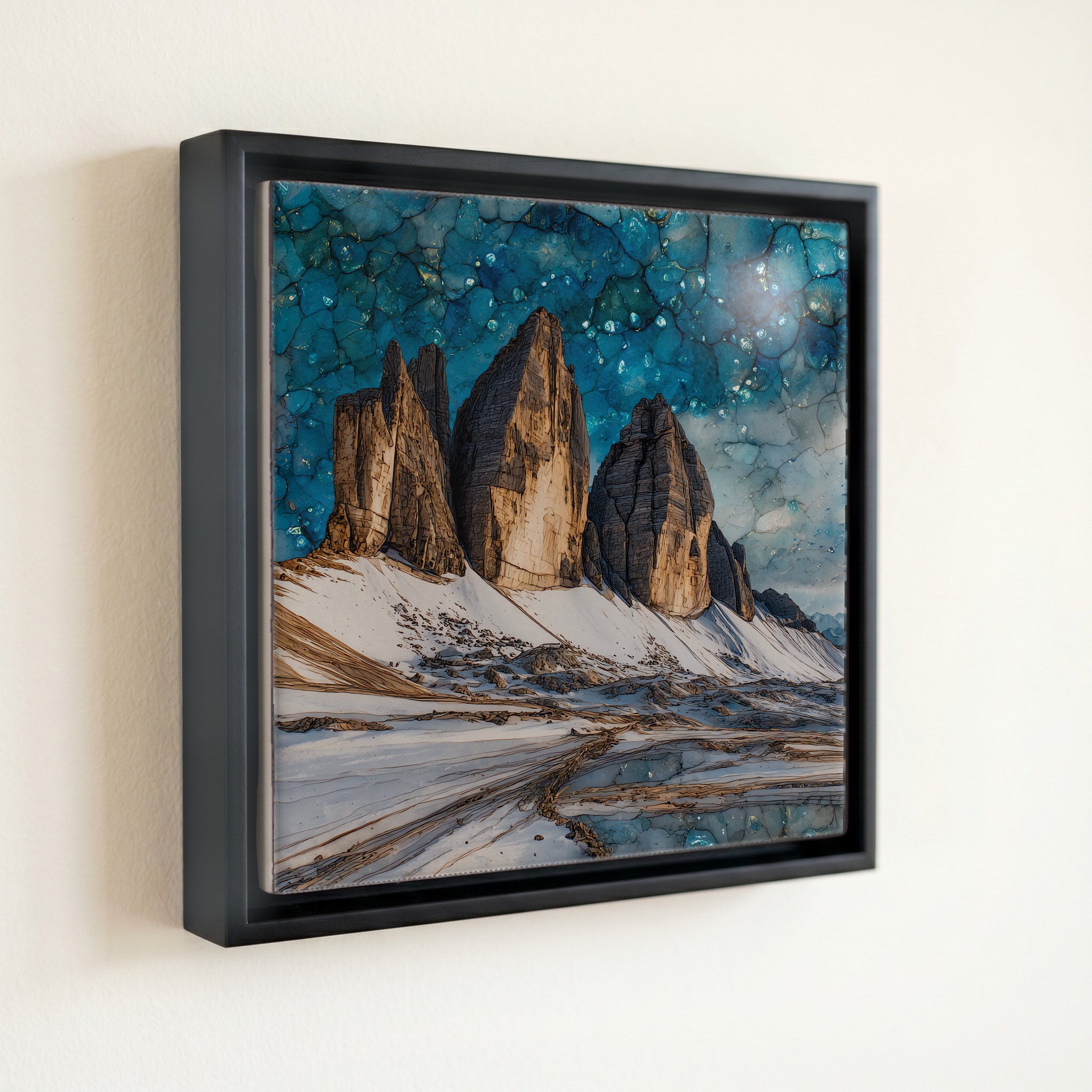 shown in a slim black floating frame · 6 × 6 in