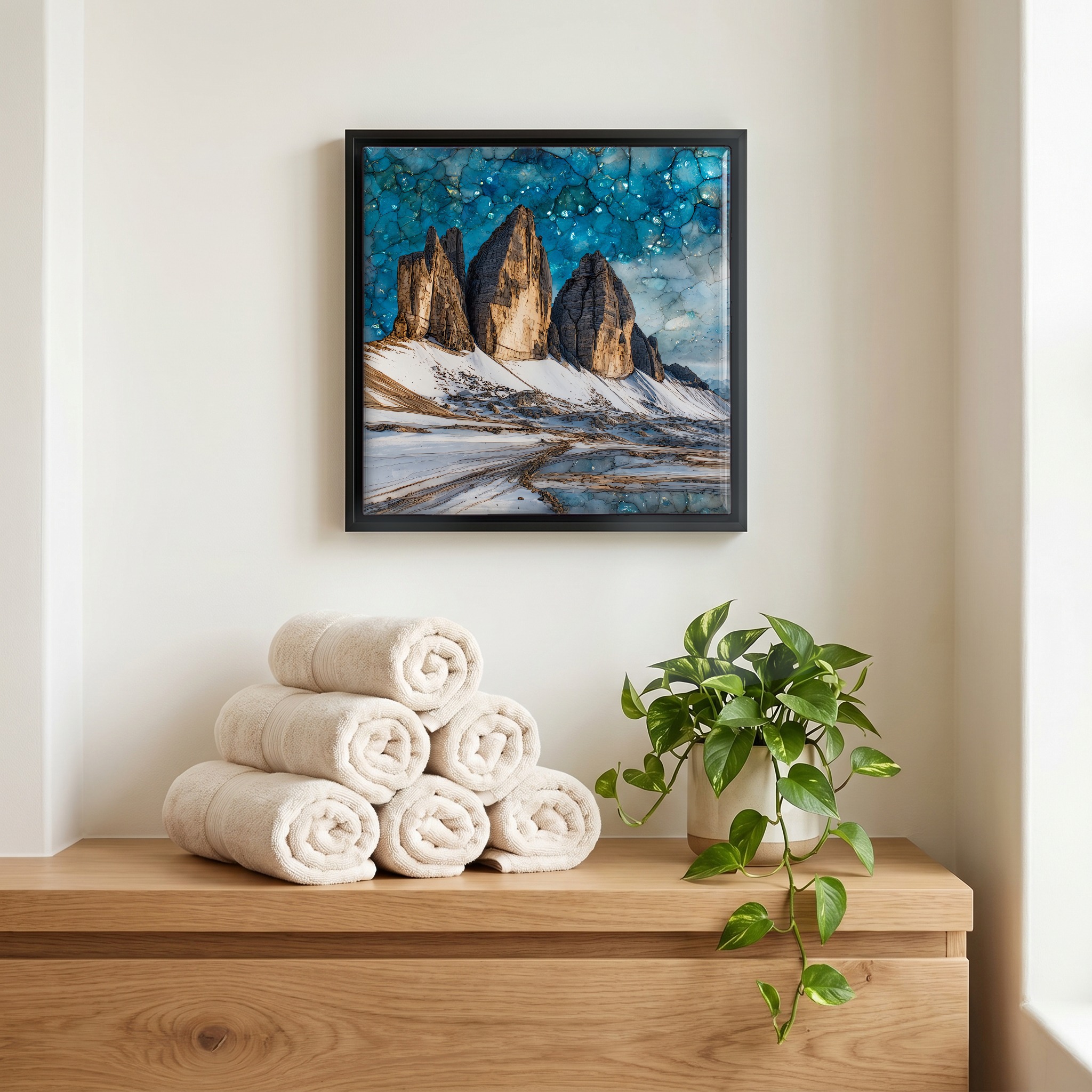 Above the linens, in a slim black surround.