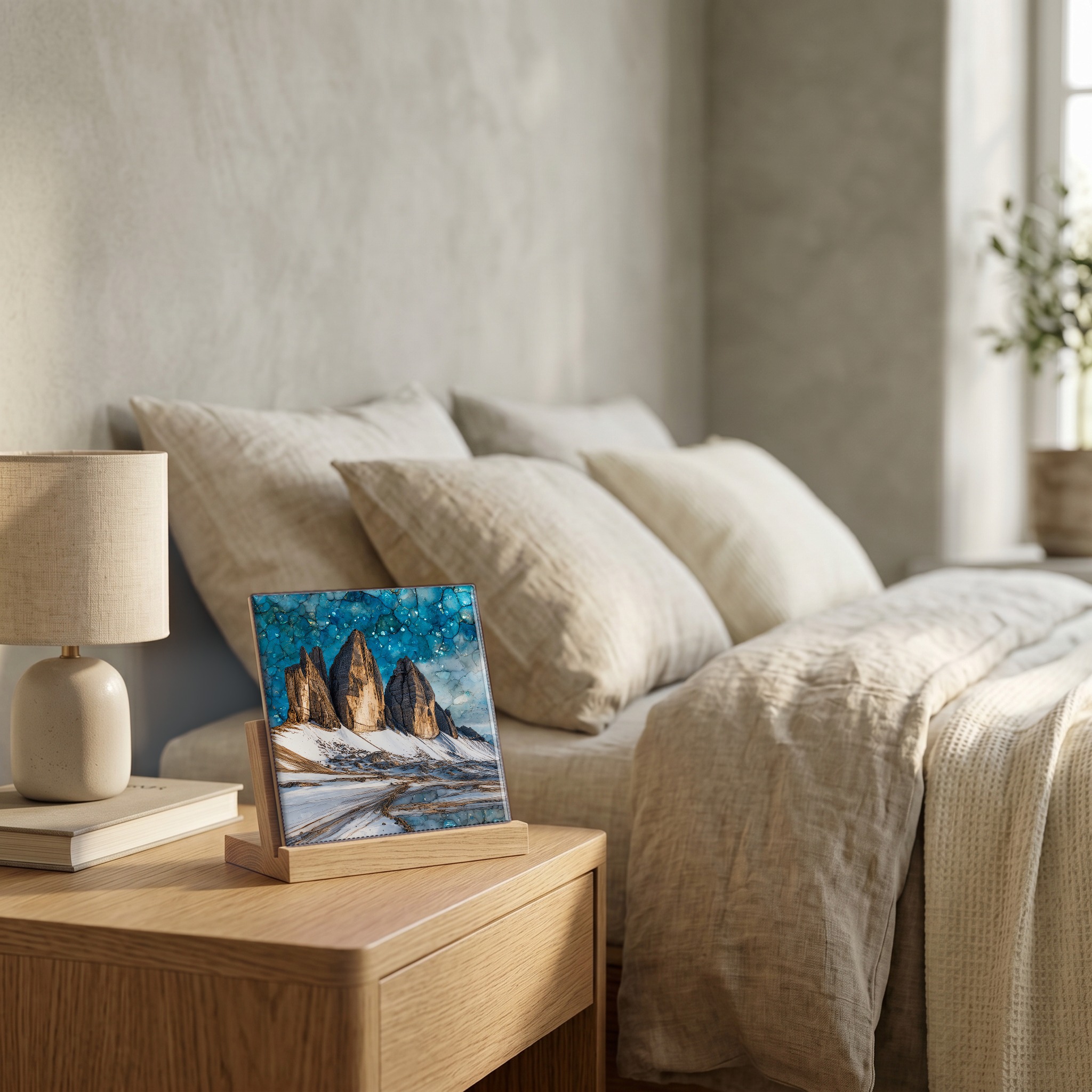 On the nightstand, on a light oak stand.