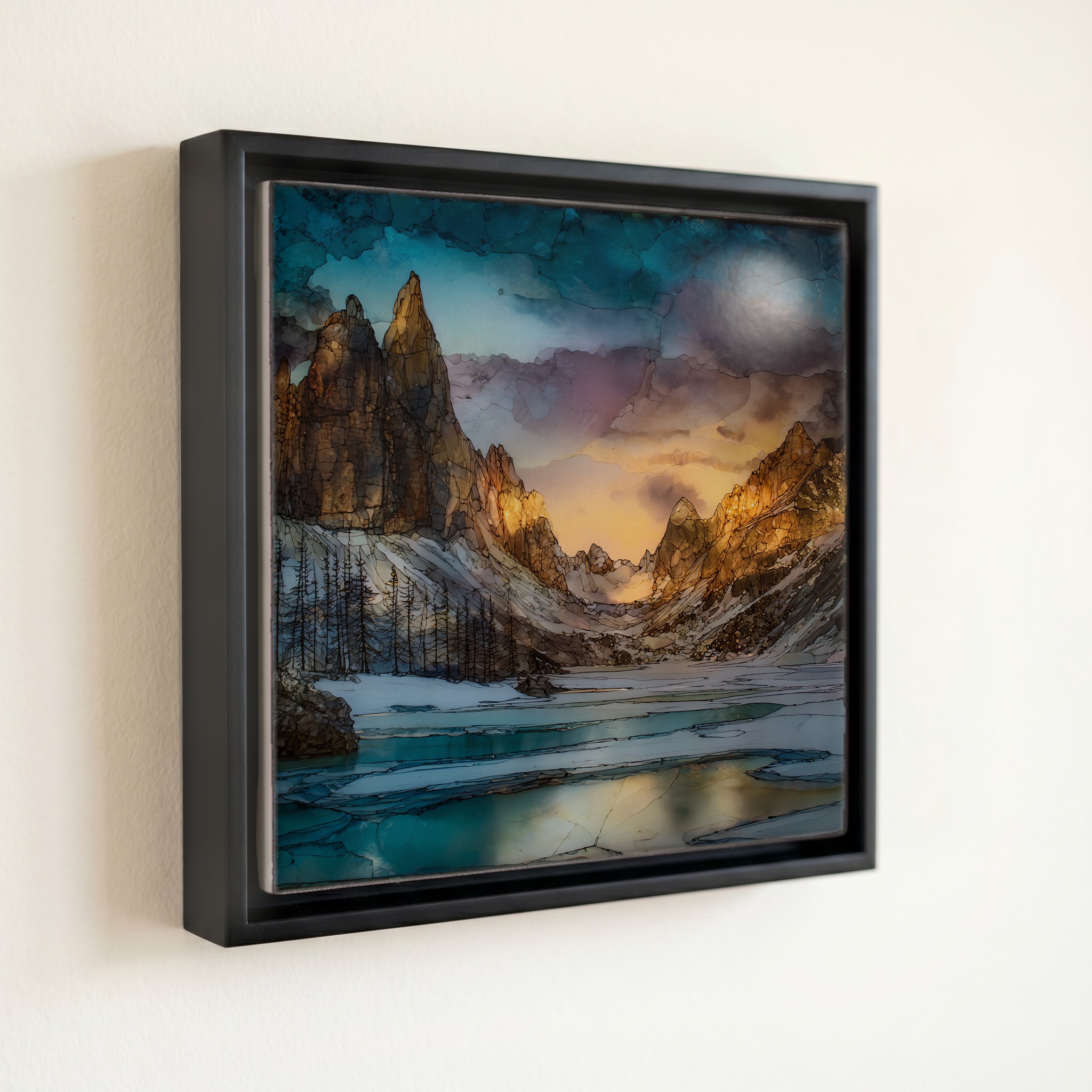 shown in a slim black floating frame · 6 × 6 in