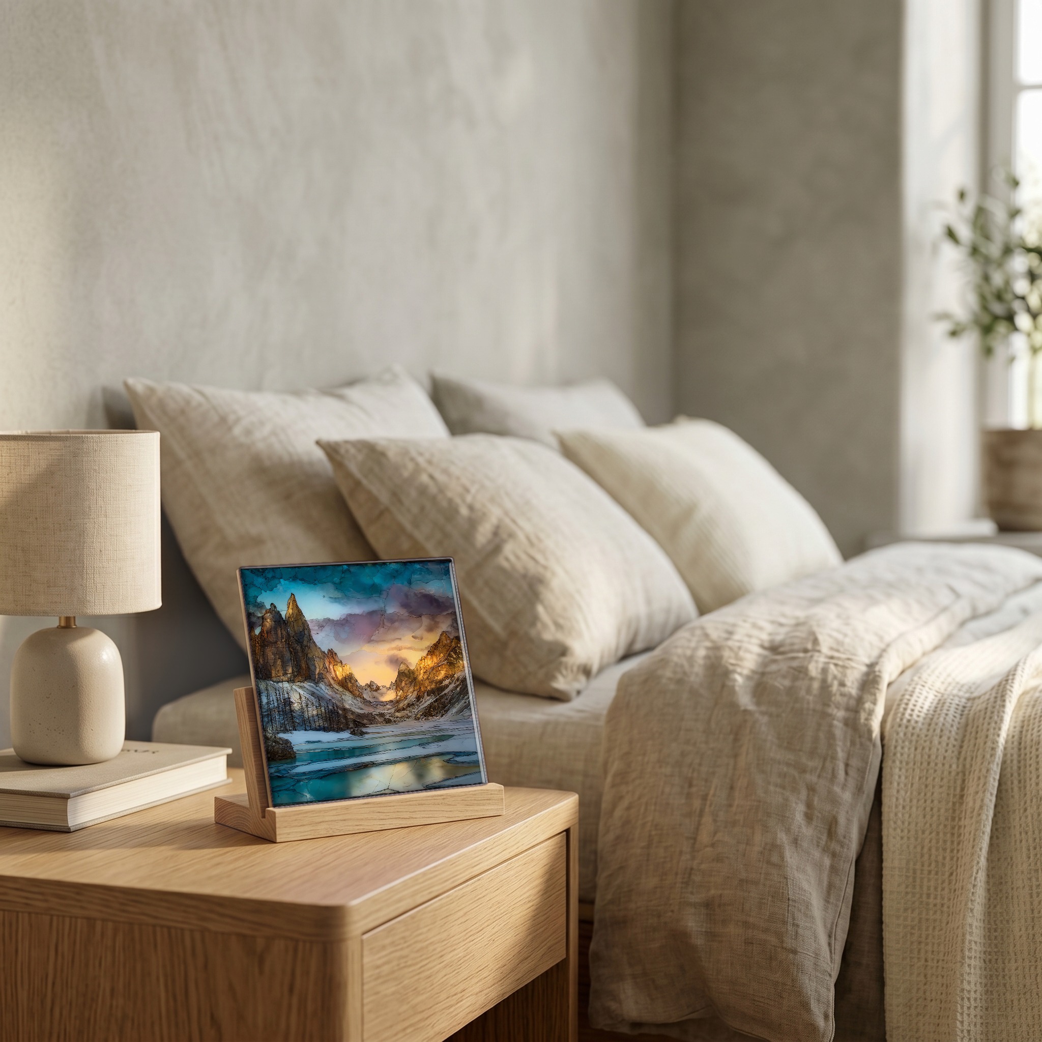 On the nightstand, on a light oak stand.