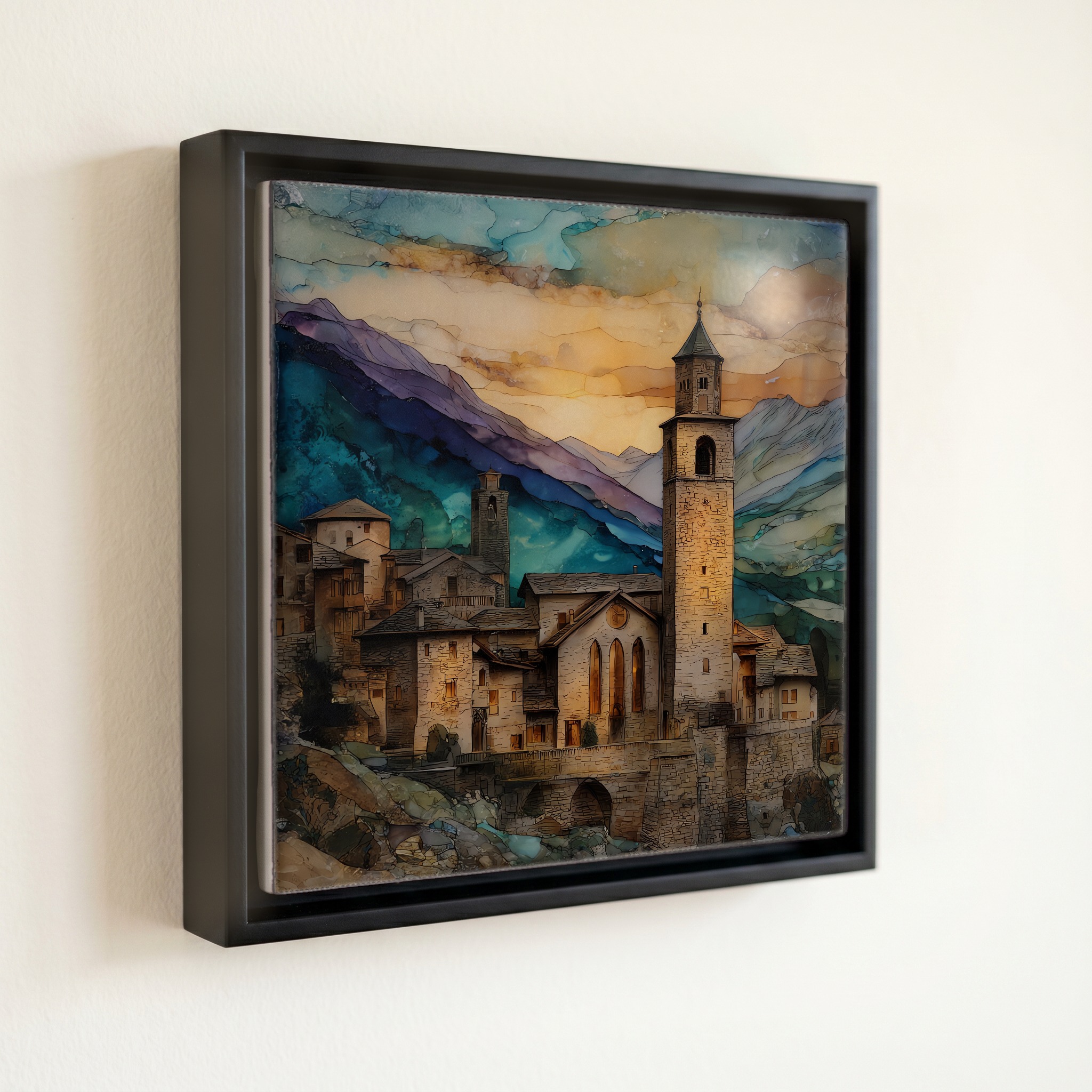 shown in a slim black floating frame · 6 × 6 in