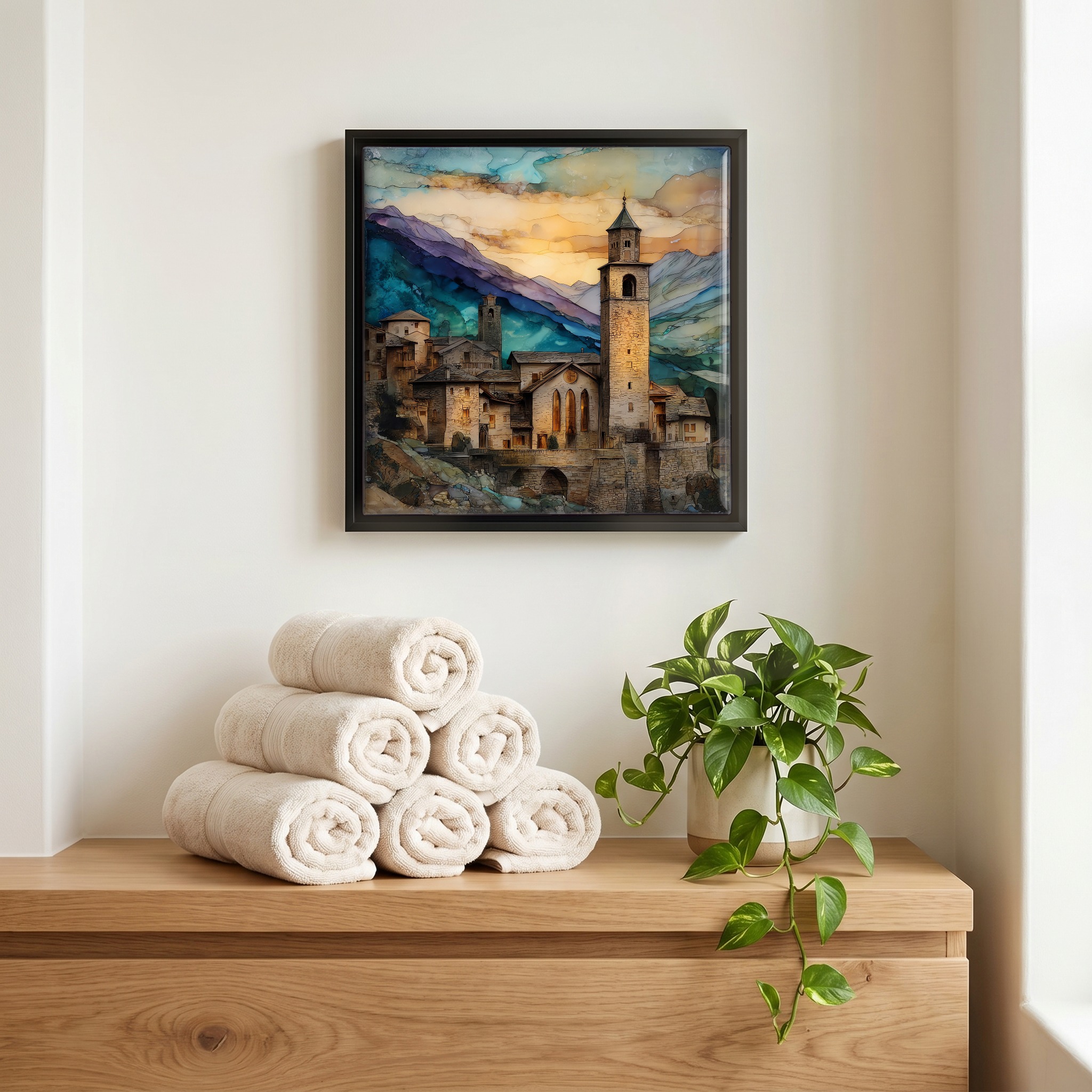 Above the linens, in a slim black surround.