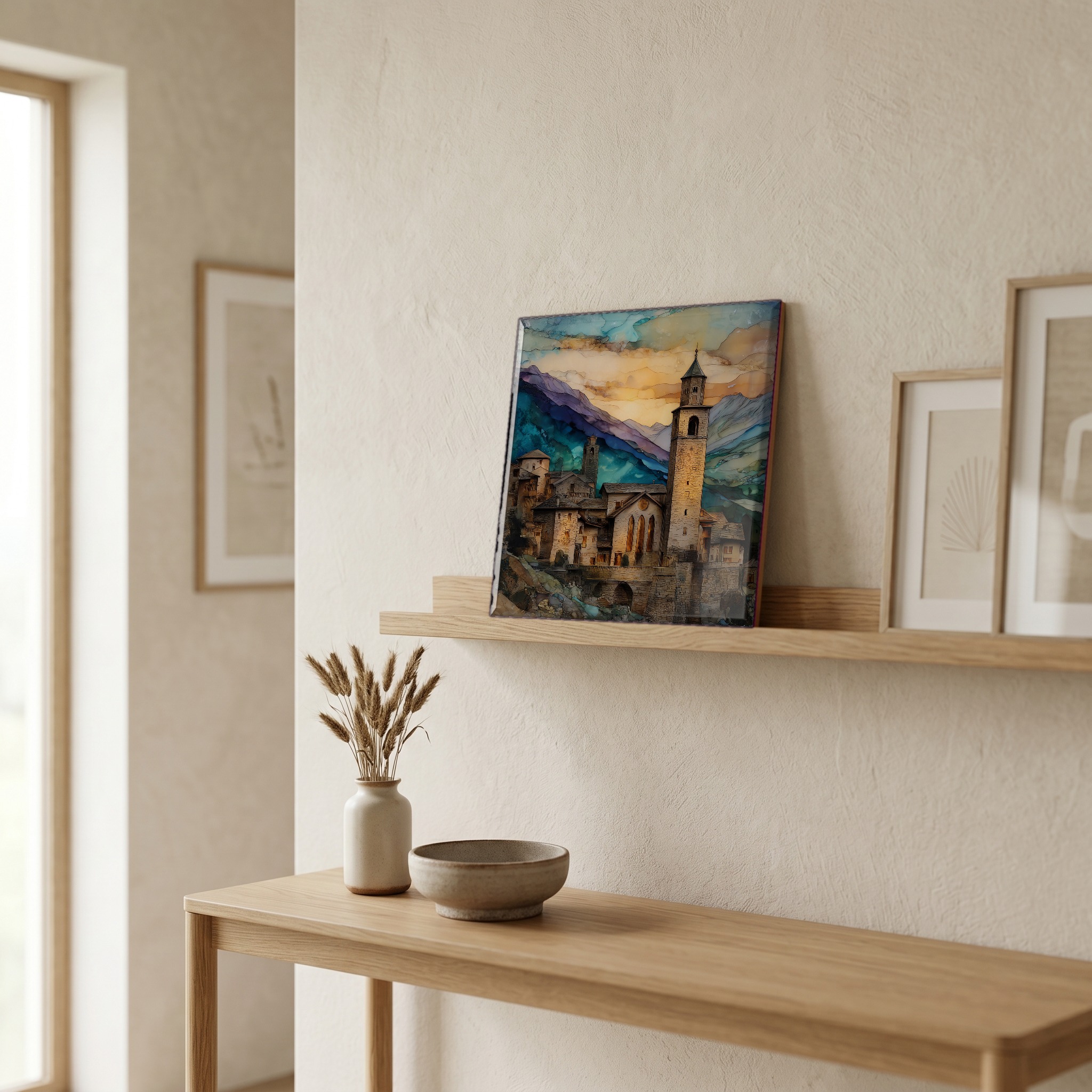 On a picture ledge, where the light comes in.