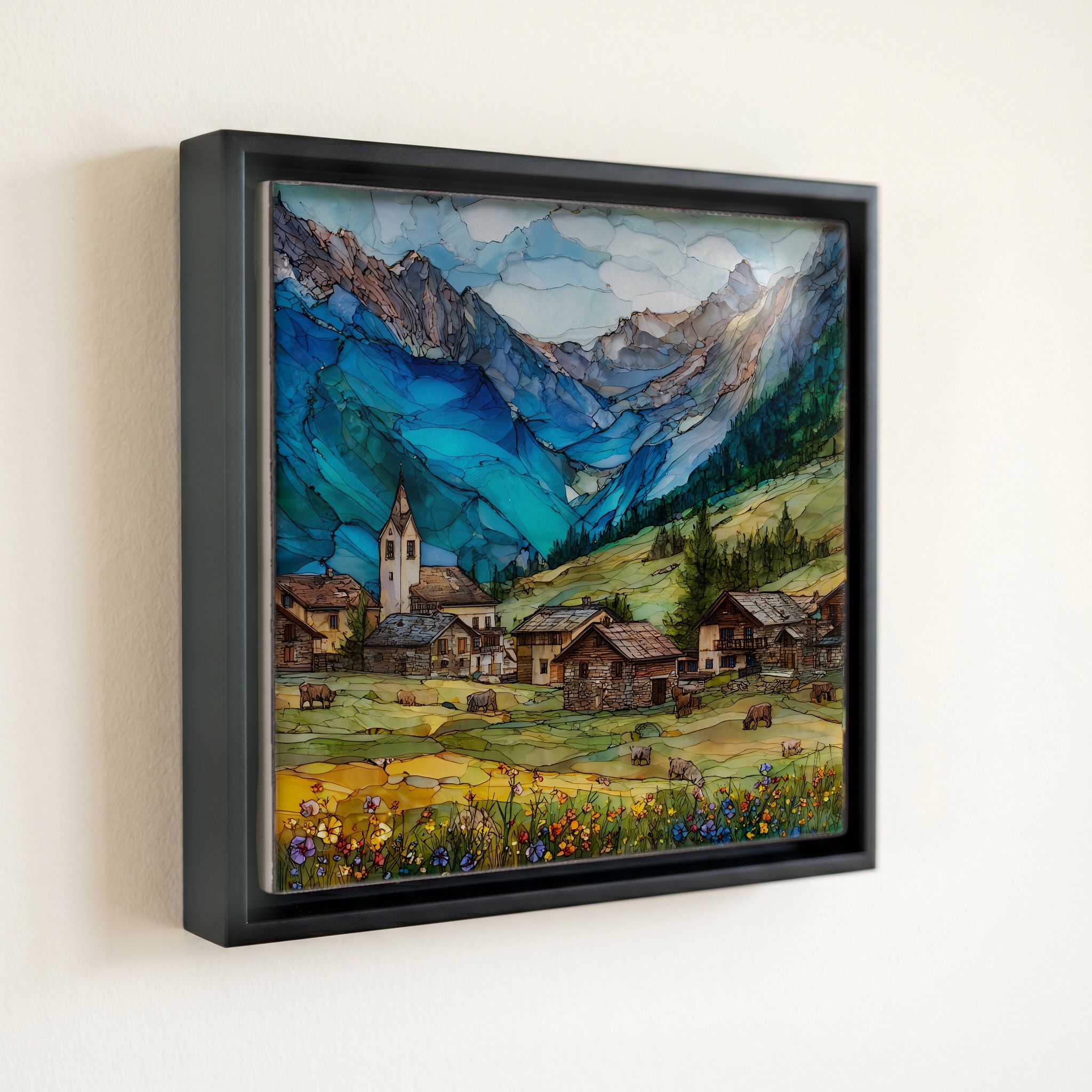 shown in a slim black floating frame · 6 × 6 in