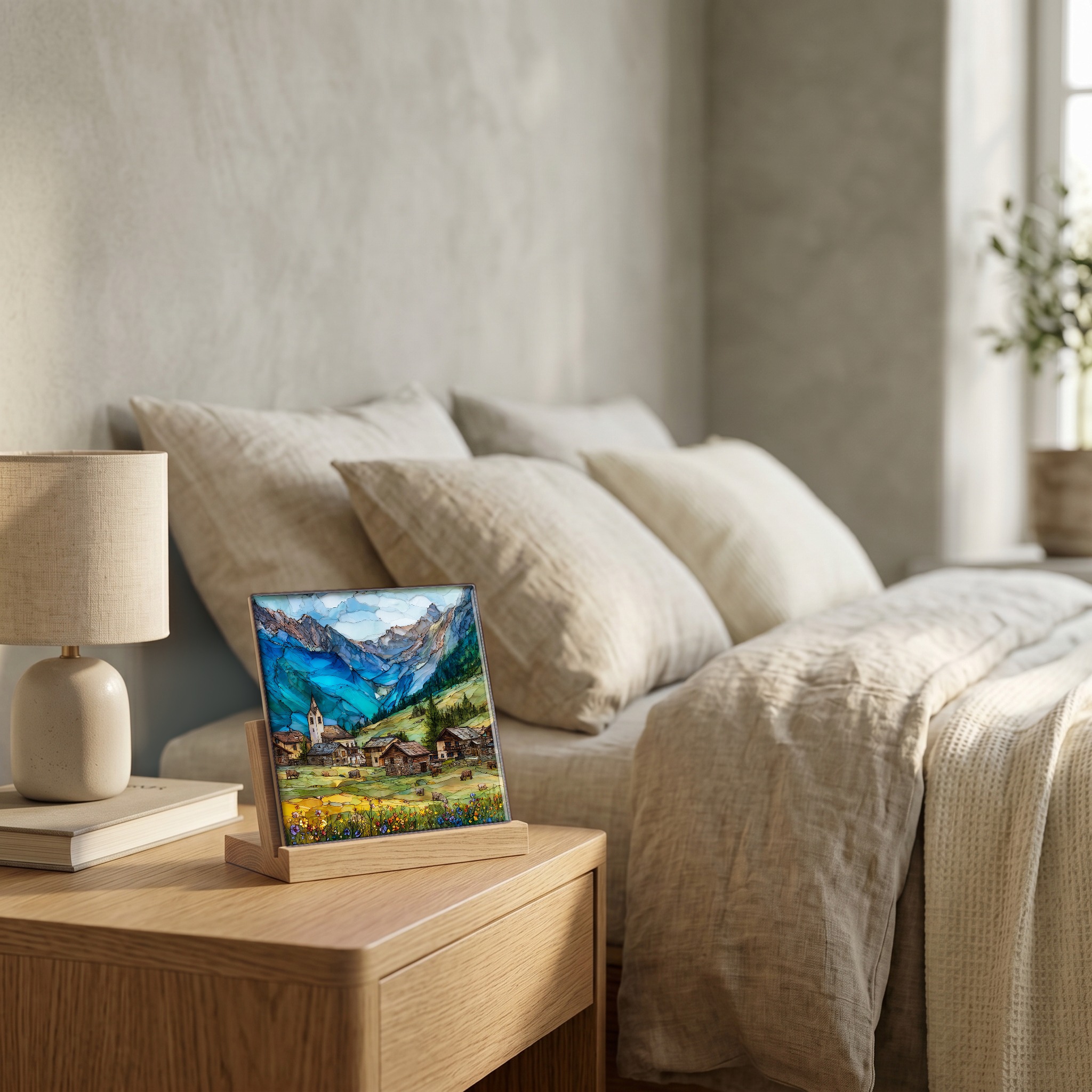 On the nightstand, on a light oak stand.