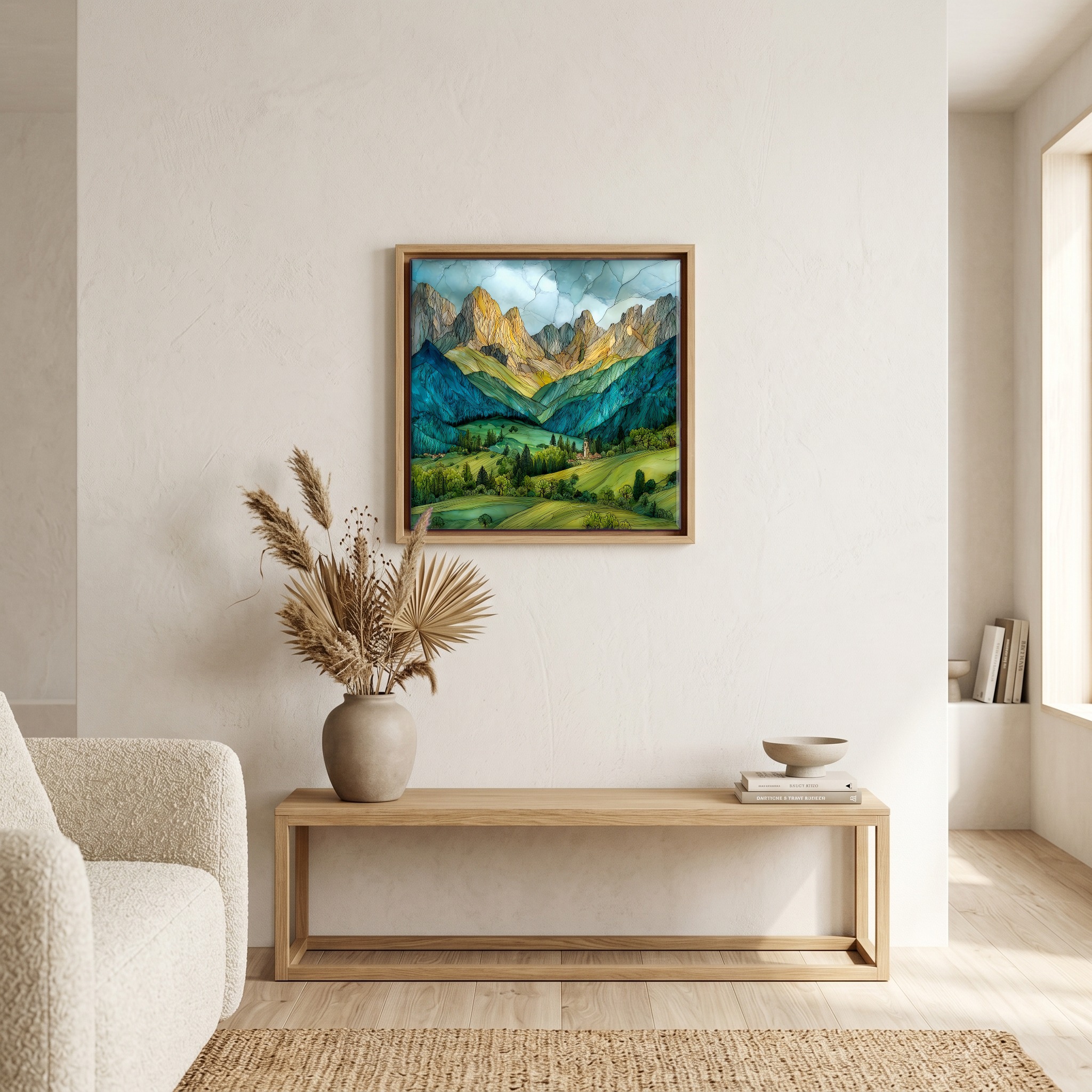 Above the bench, in a warm oak surround.