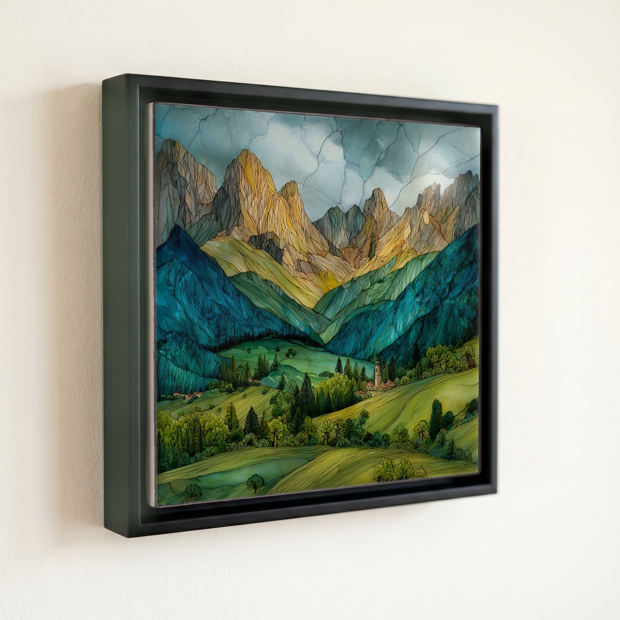 shown in a slim black floating frame · 6 × 6 in