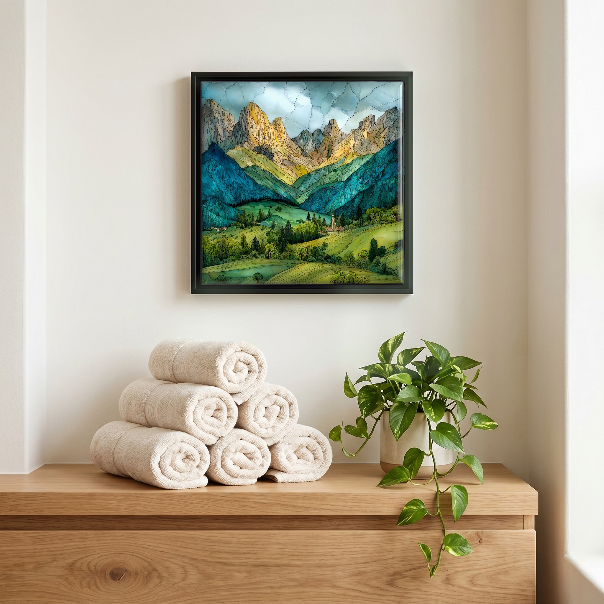Above the linens, in a slim black surround.