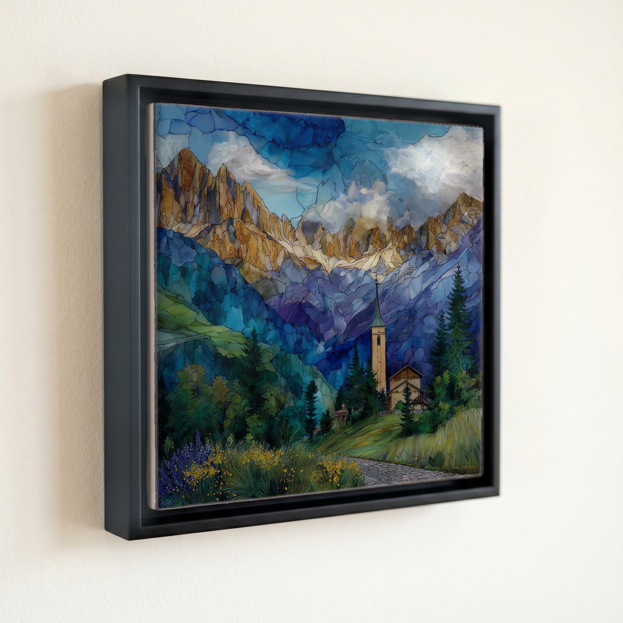 shown in a slim black floating frame · 6 × 6 in