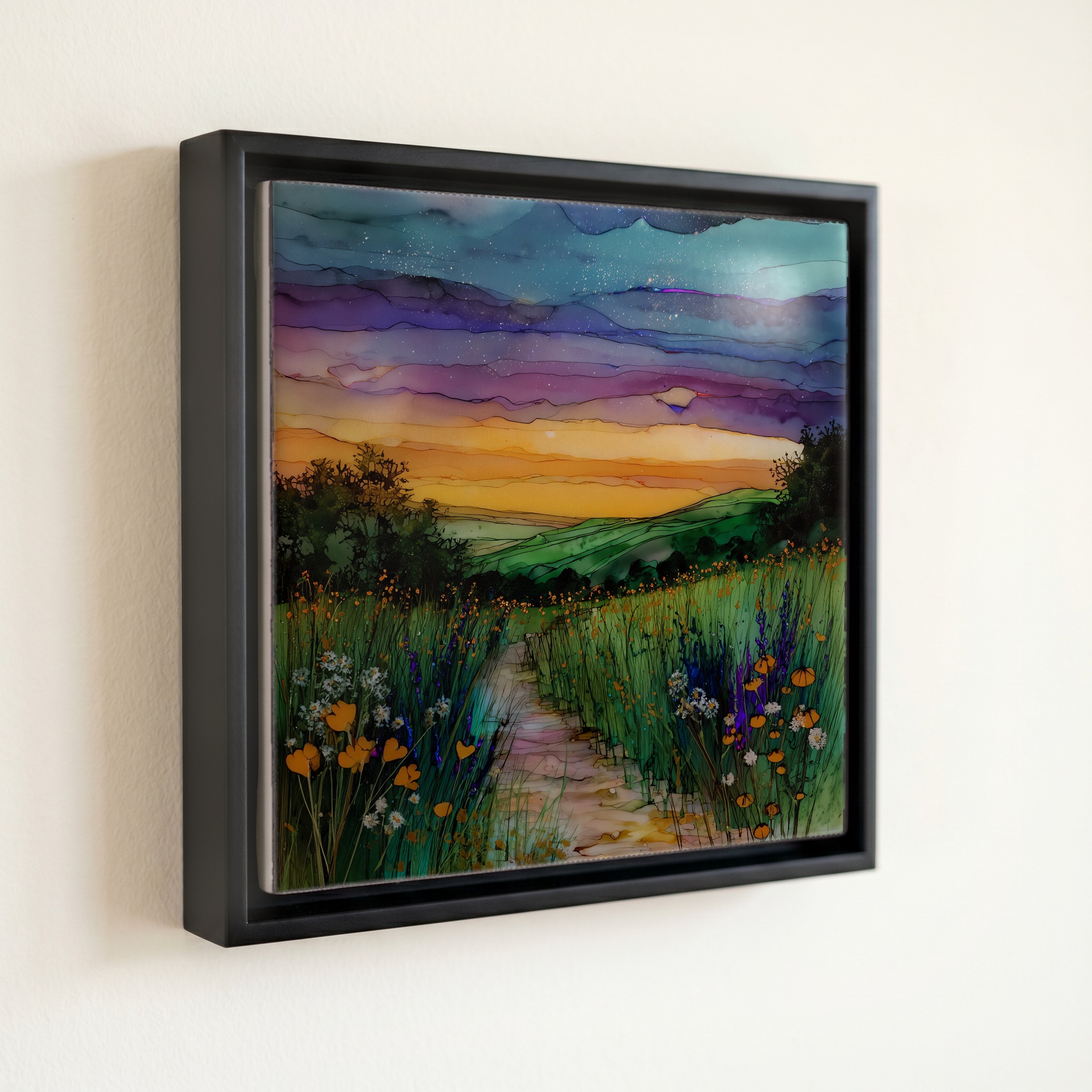 shown in a slim black floating frame · 6 × 6 in