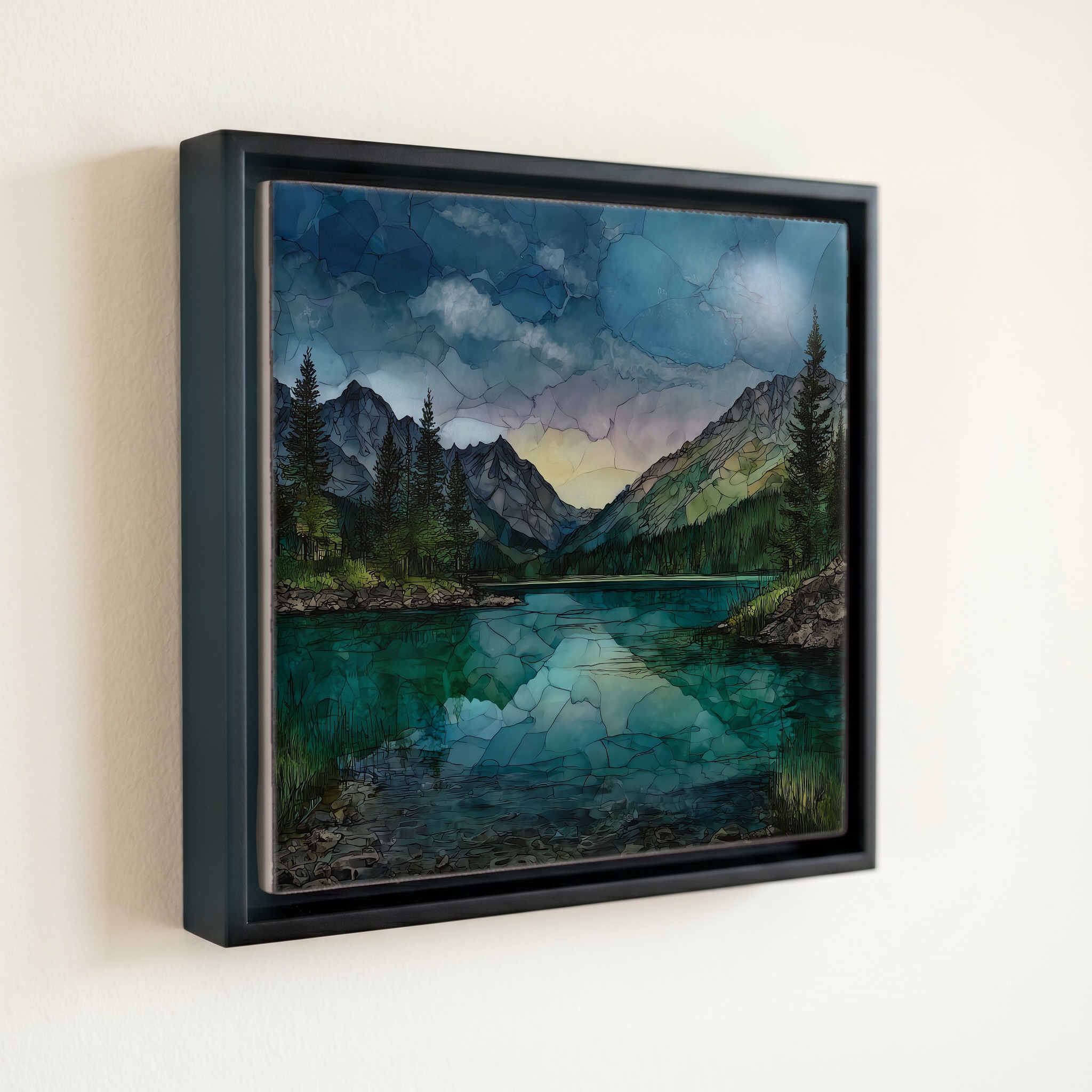 shown in a slim black floating frame · 6 × 6 in