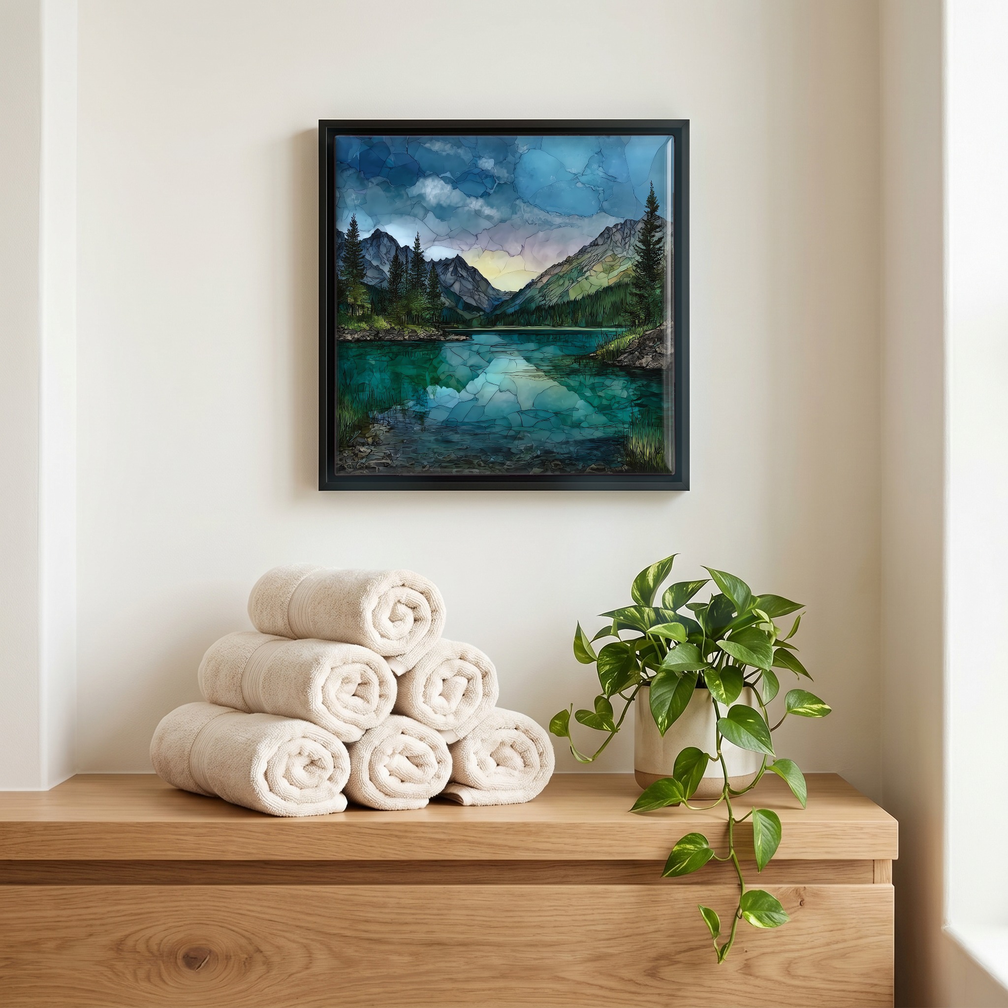 Above the linens, in a slim black surround.