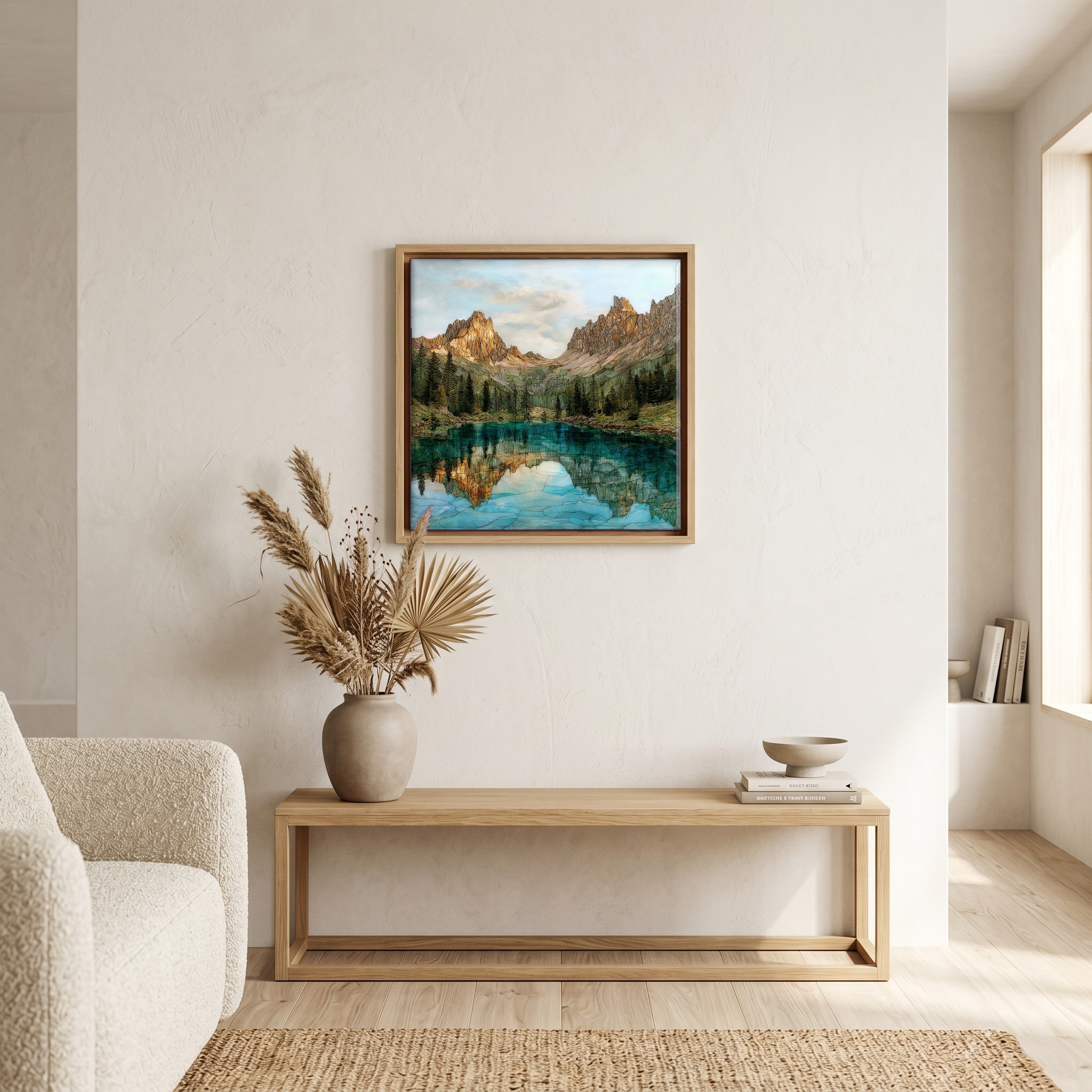 Above the bench, in a warm oak surround.