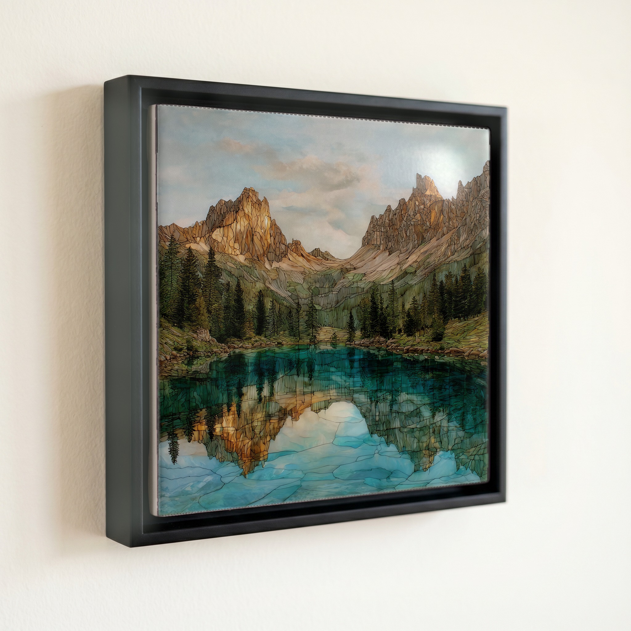 shown in a slim black floating frame · 6 × 6 in