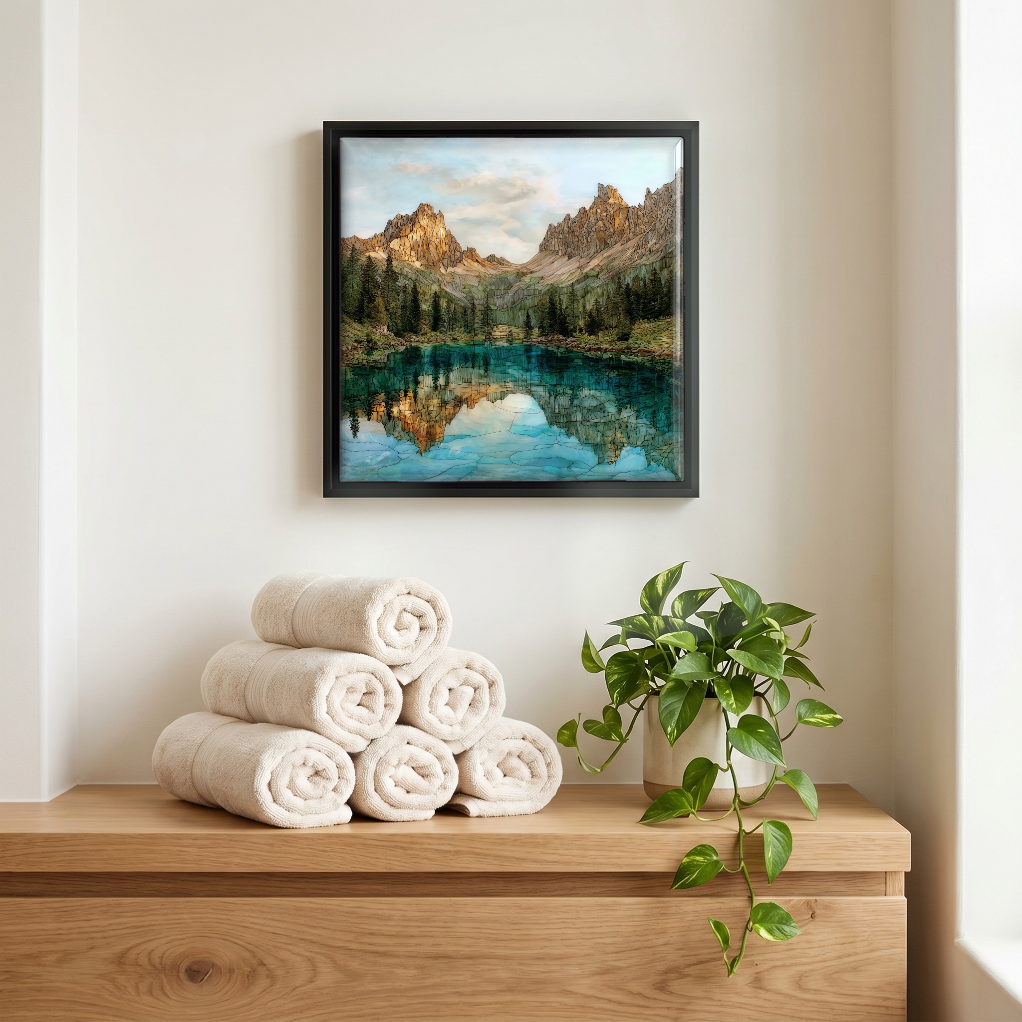 Above the linens, in a slim black surround.