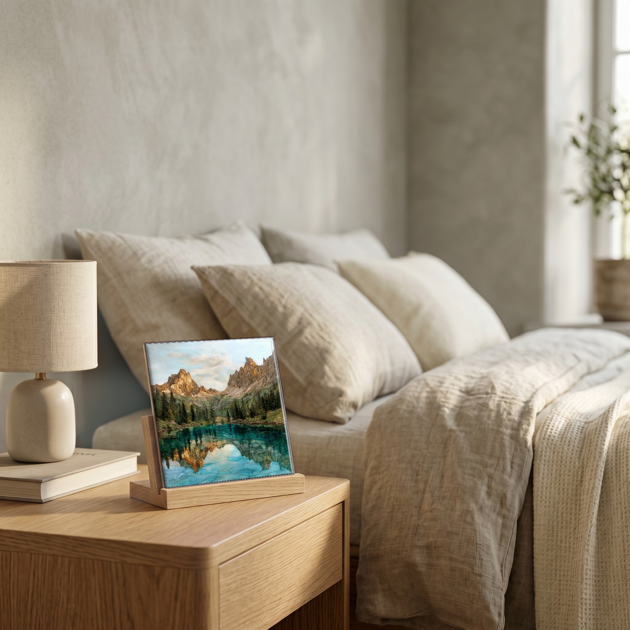 On the nightstand, on a light oak stand.