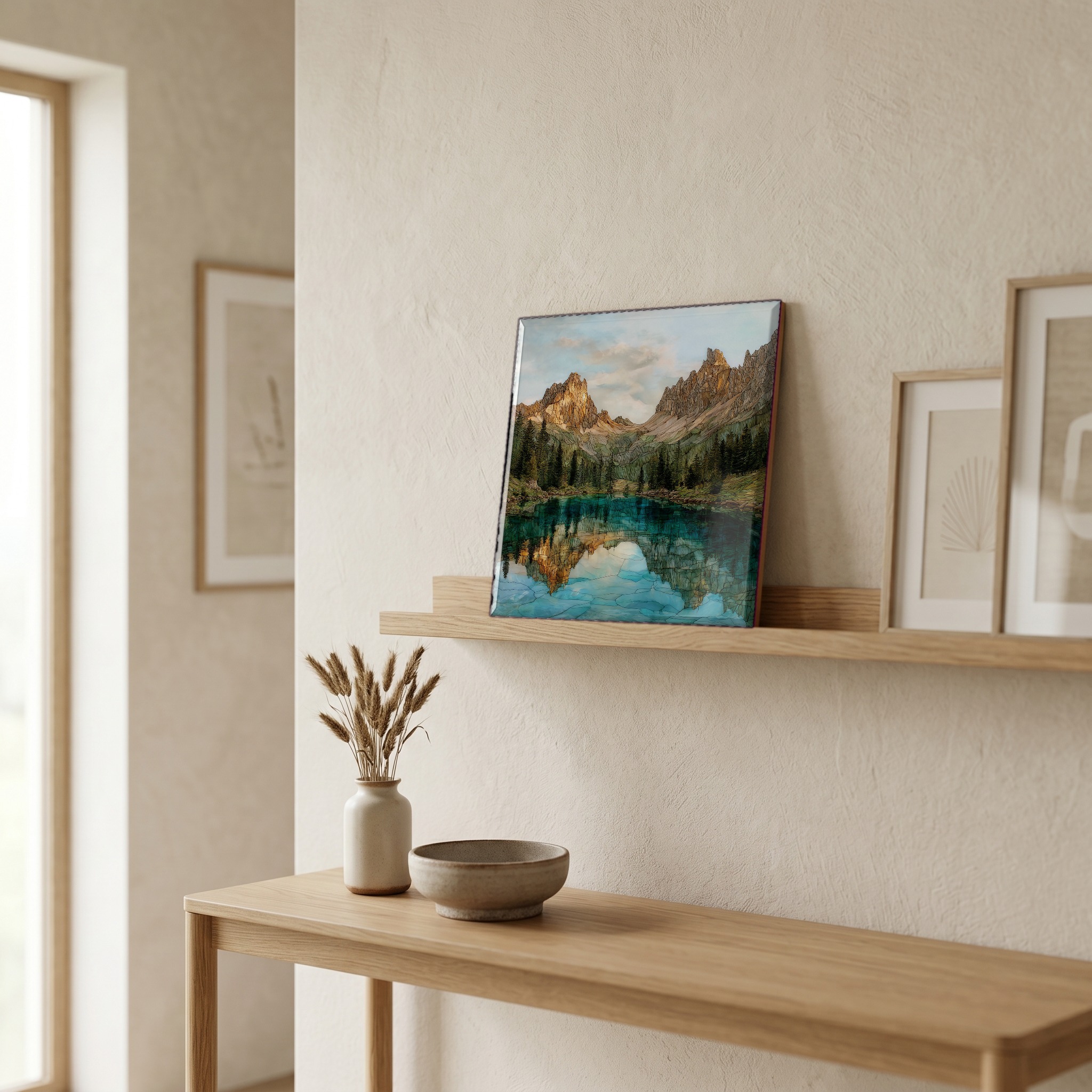 On a picture ledge, where the light comes in.