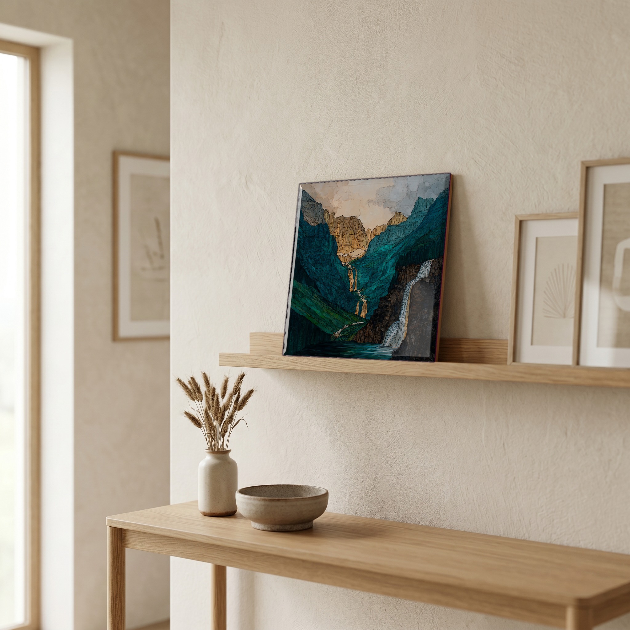 On a picture ledge, where the light comes in.