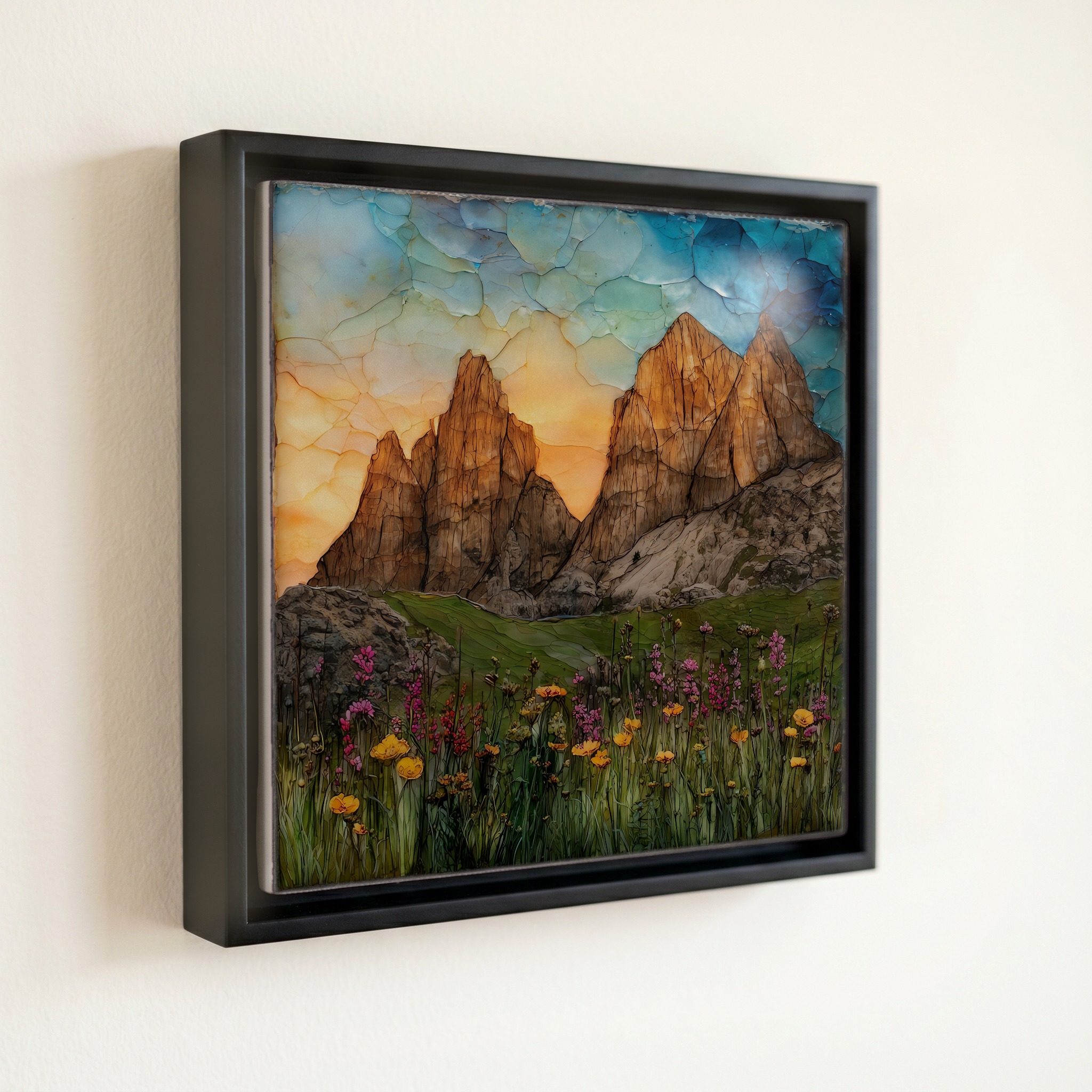 shown in a slim black floating frame · 6 × 6 in