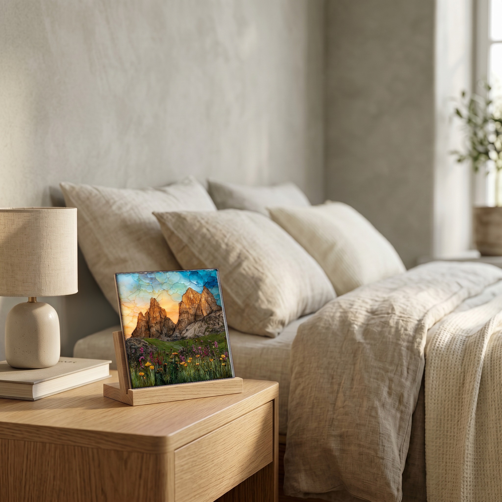 On the nightstand, on a light oak stand.