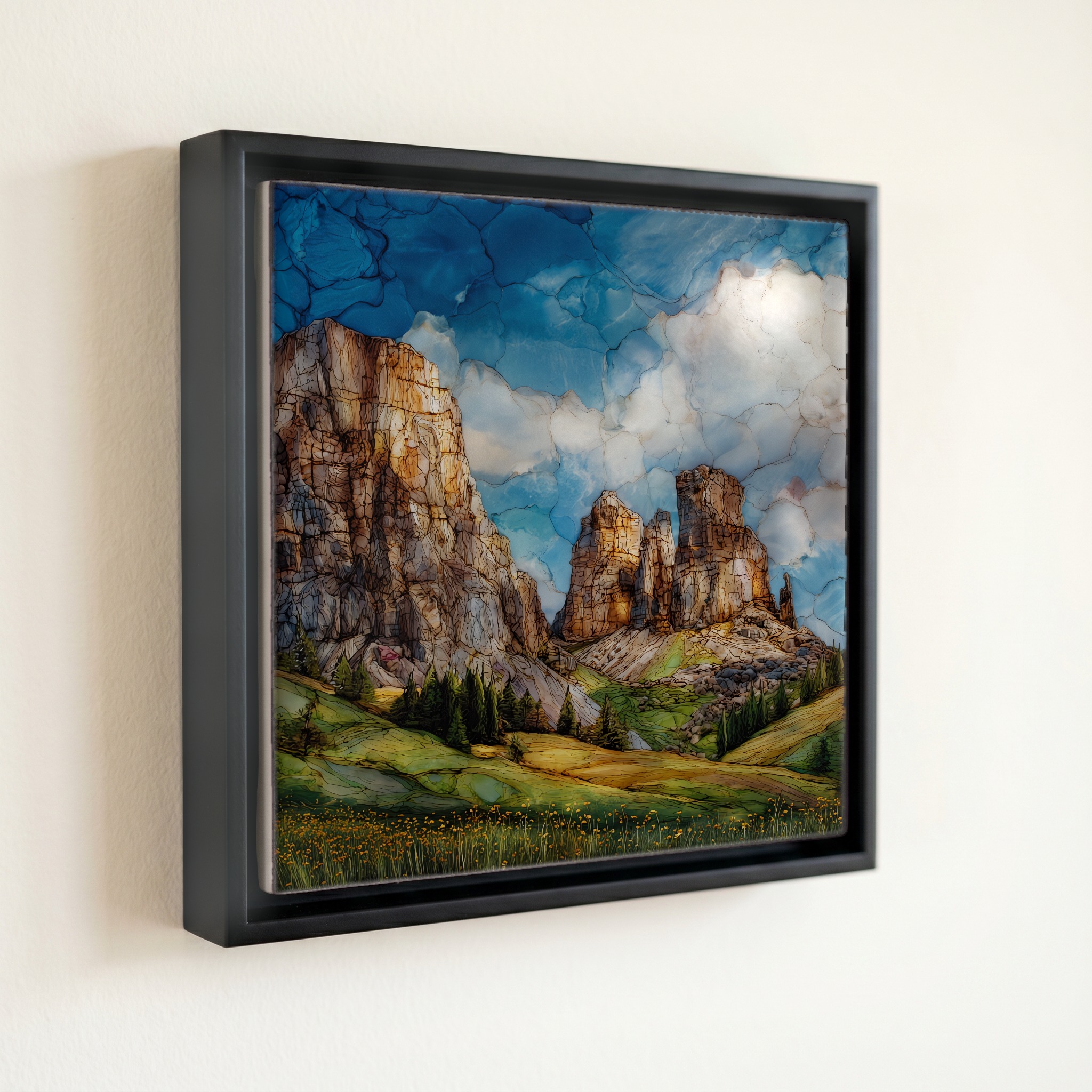 shown in a slim black floating frame · 6 × 6 in