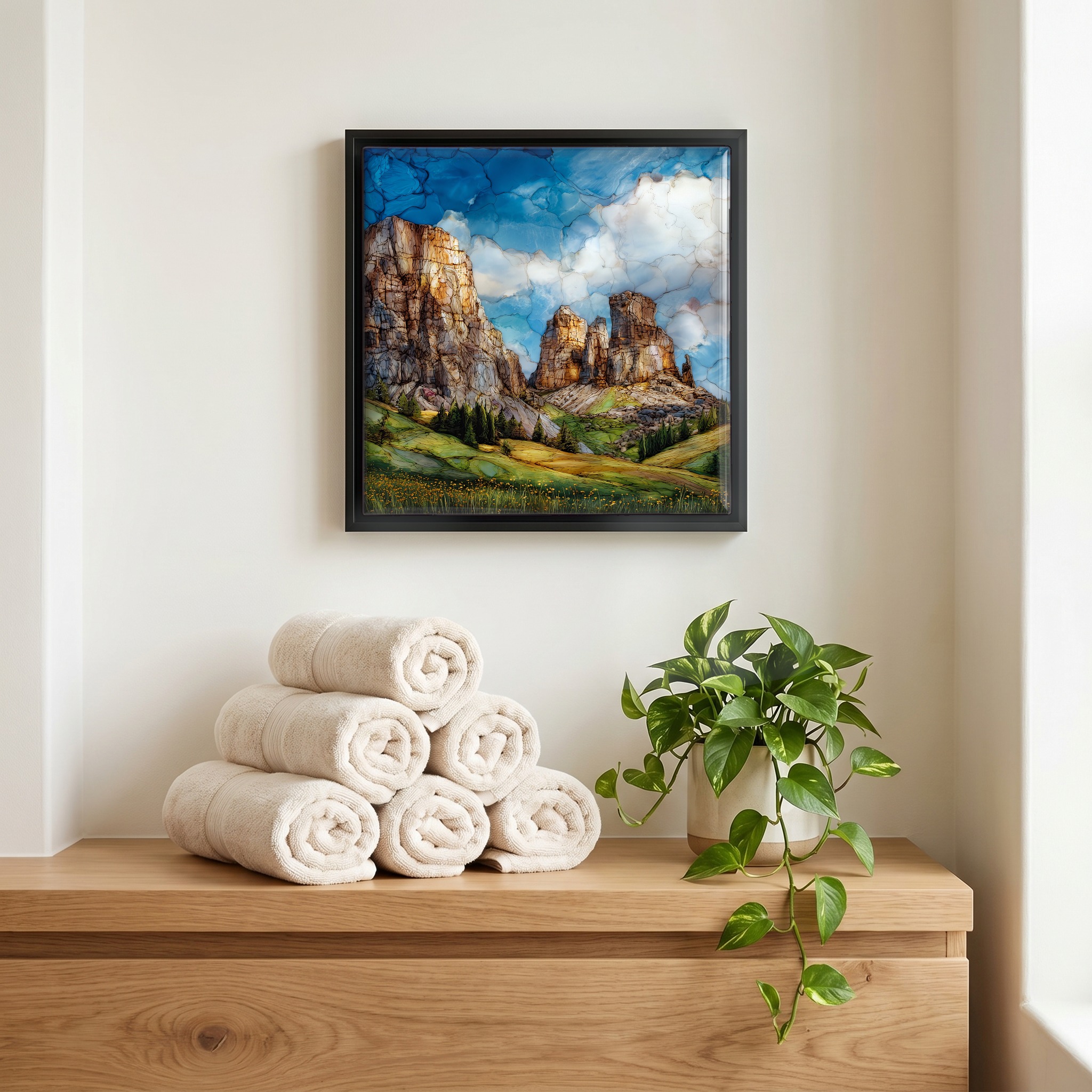 Above the linens, in a slim black surround.