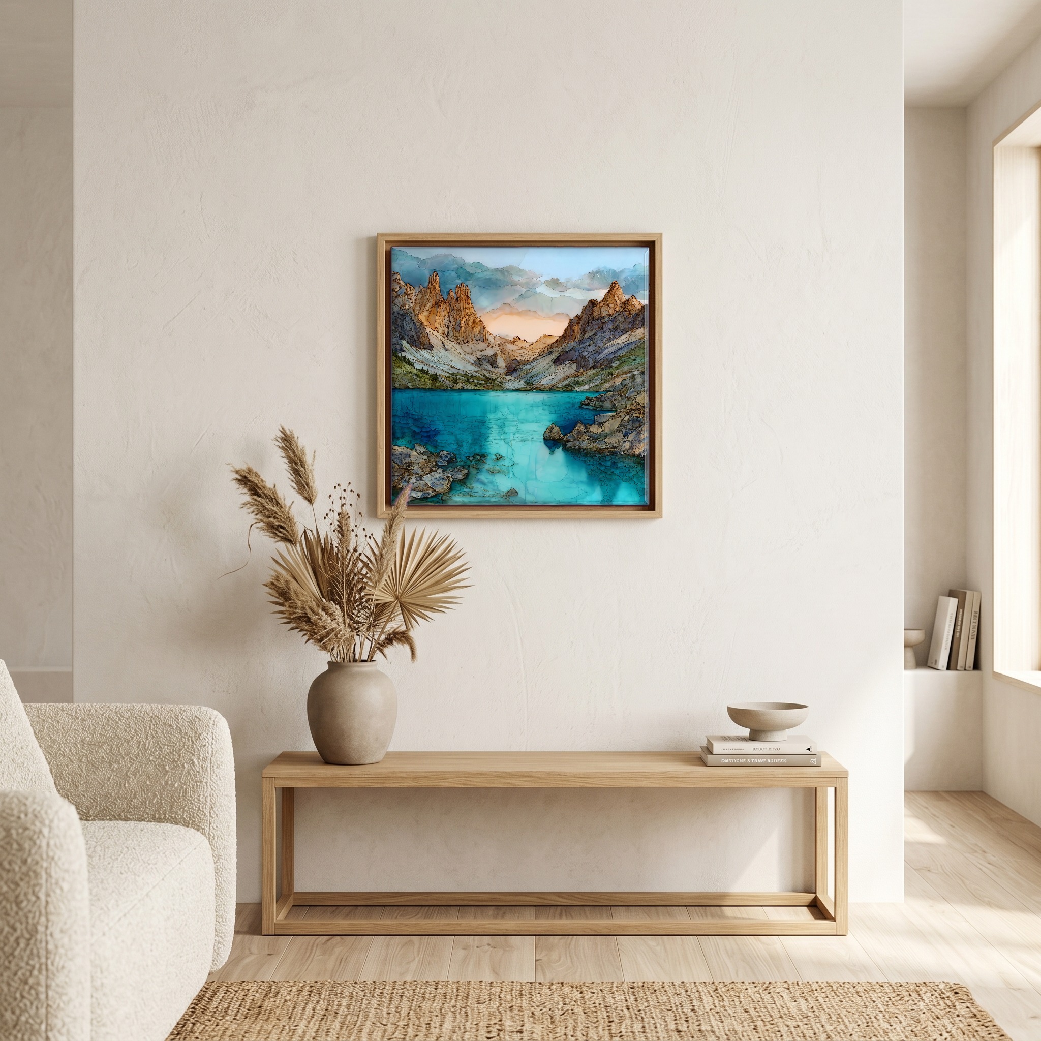 Above the bench, in a warm oak surround.