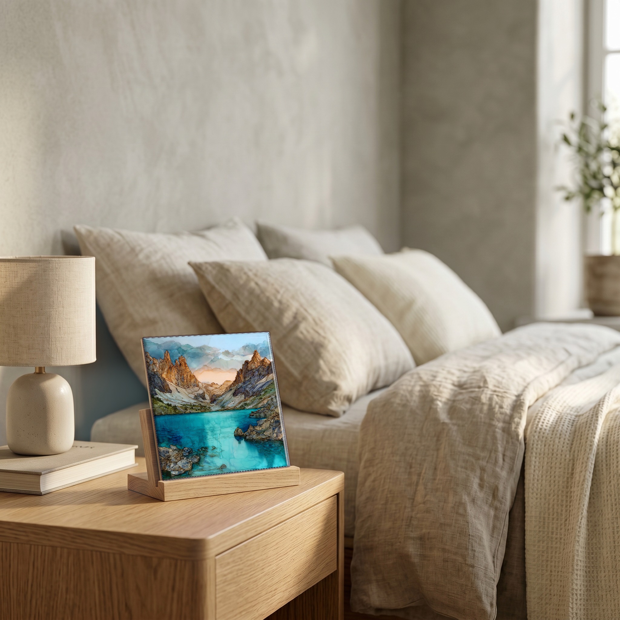 On the nightstand, on a light oak stand.